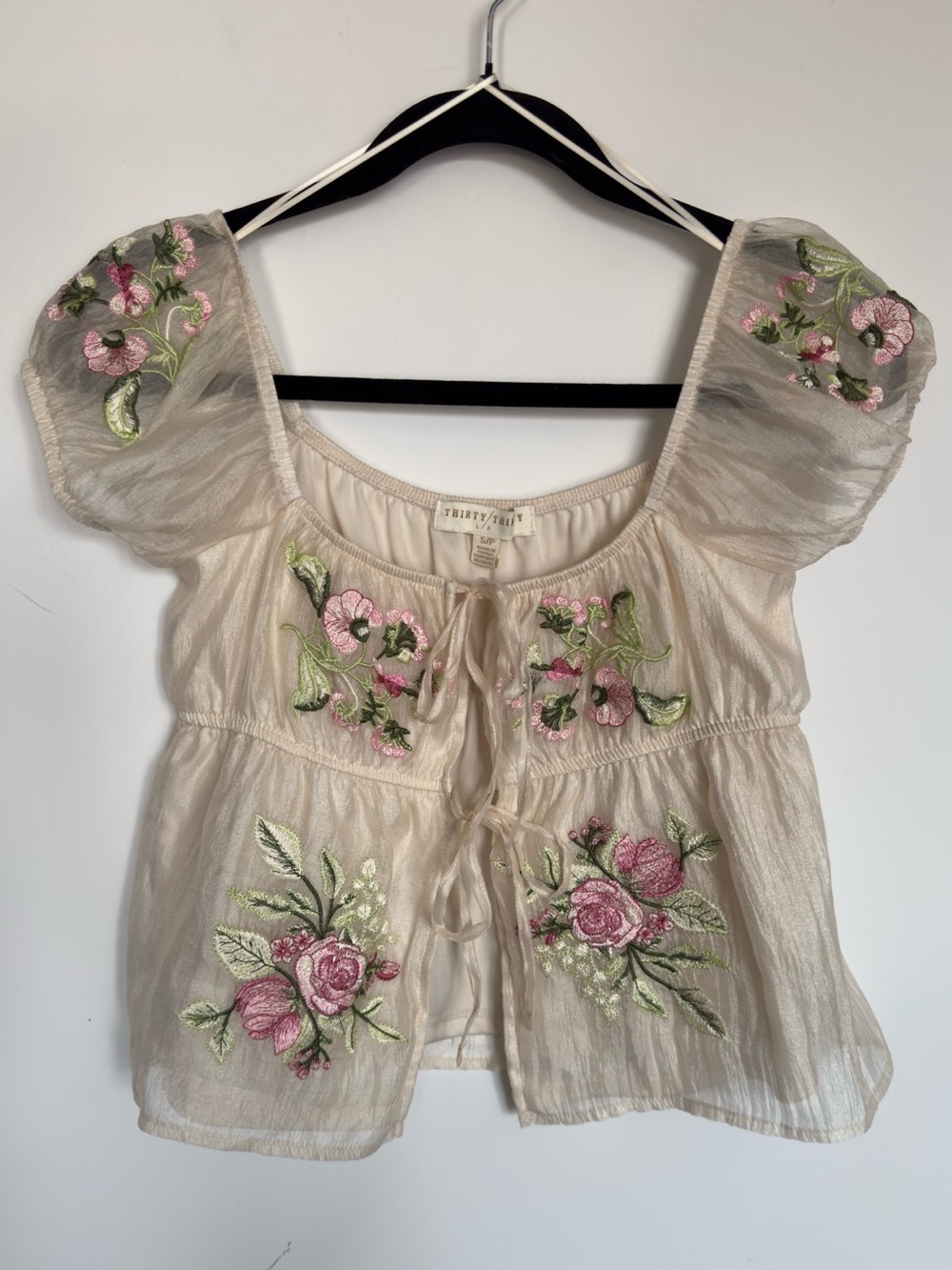 Floral Embroidered Cream Peasant Top